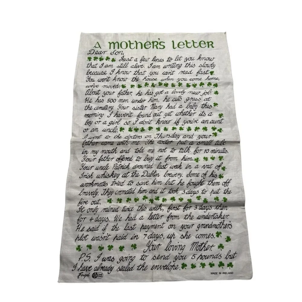 Vintage Fingal Irish Linen Tea Towel A Mothers Letter Irish Humor Ireland